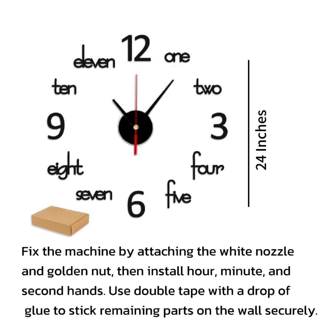 Black 3D wooden wall clock with number and word markers, 24-inch display