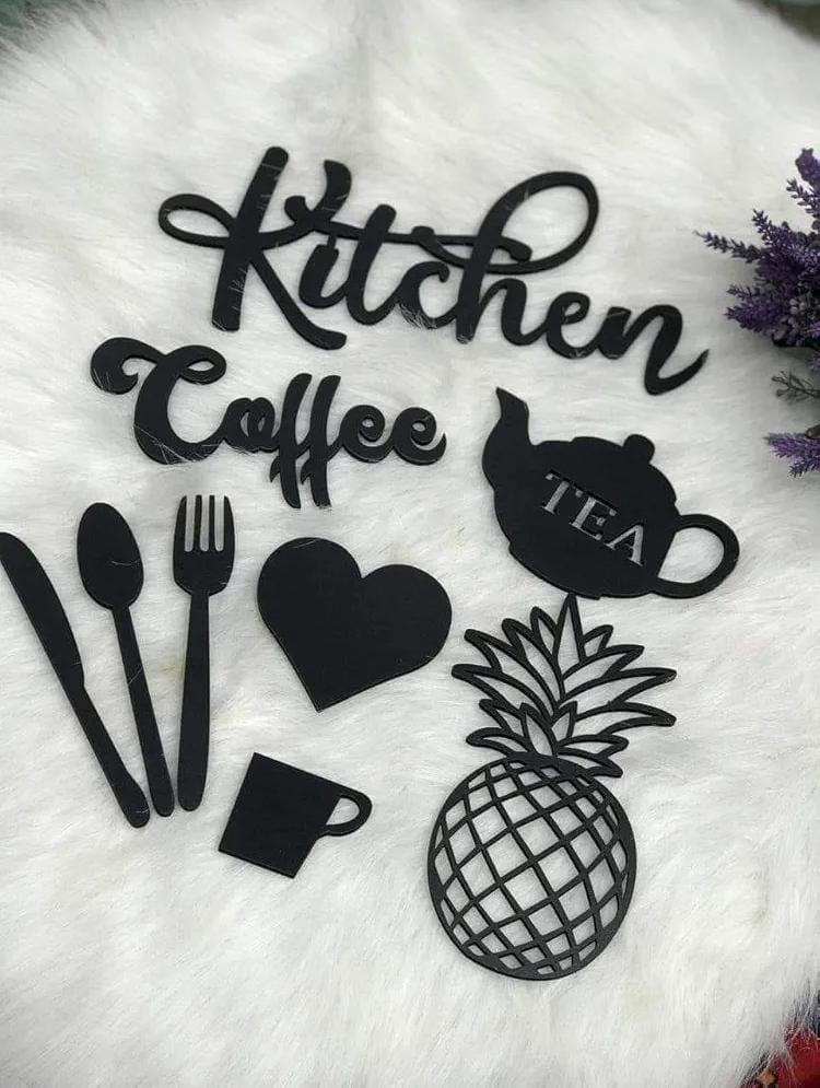 Black Kitchen and Coffee wall art with teapot, pineapple, heart and cutlery