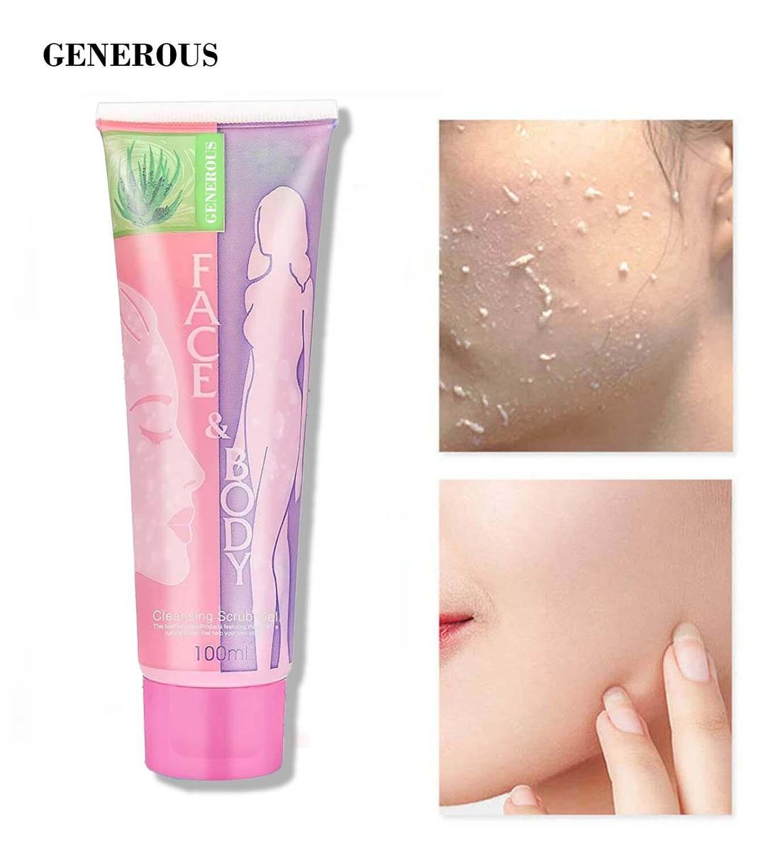 Generous face and body cleansing scrub gel 100ml with aloe vera and before and after images