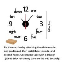 Black 3D wooden wall clock with number and word markers, 24-inch display