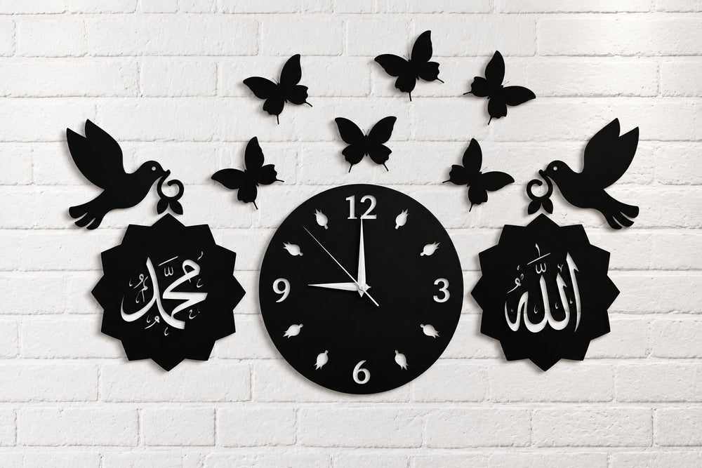 3D Islamic Wooden Wall Clock – Black Arabic Calligraphy Design