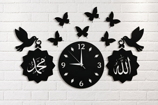 3D Islamic Wooden Wall Clock – Black Arabic Calligraphy Design