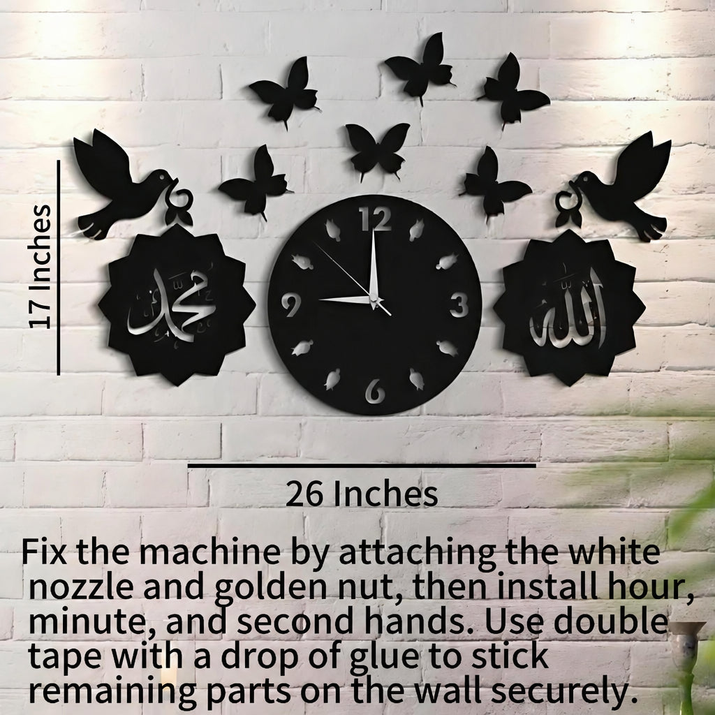 3D black Islamic wooden wall clock installed on light panel wall