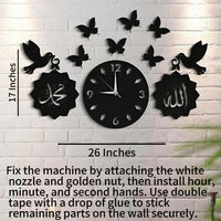 3D black Islamic wooden wall clock installed on light panel wall