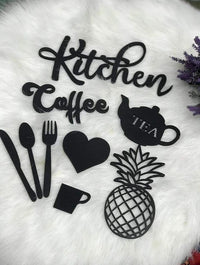 Black Kitchen and Coffee wall art with teapot, pineapple, heart and cutlery