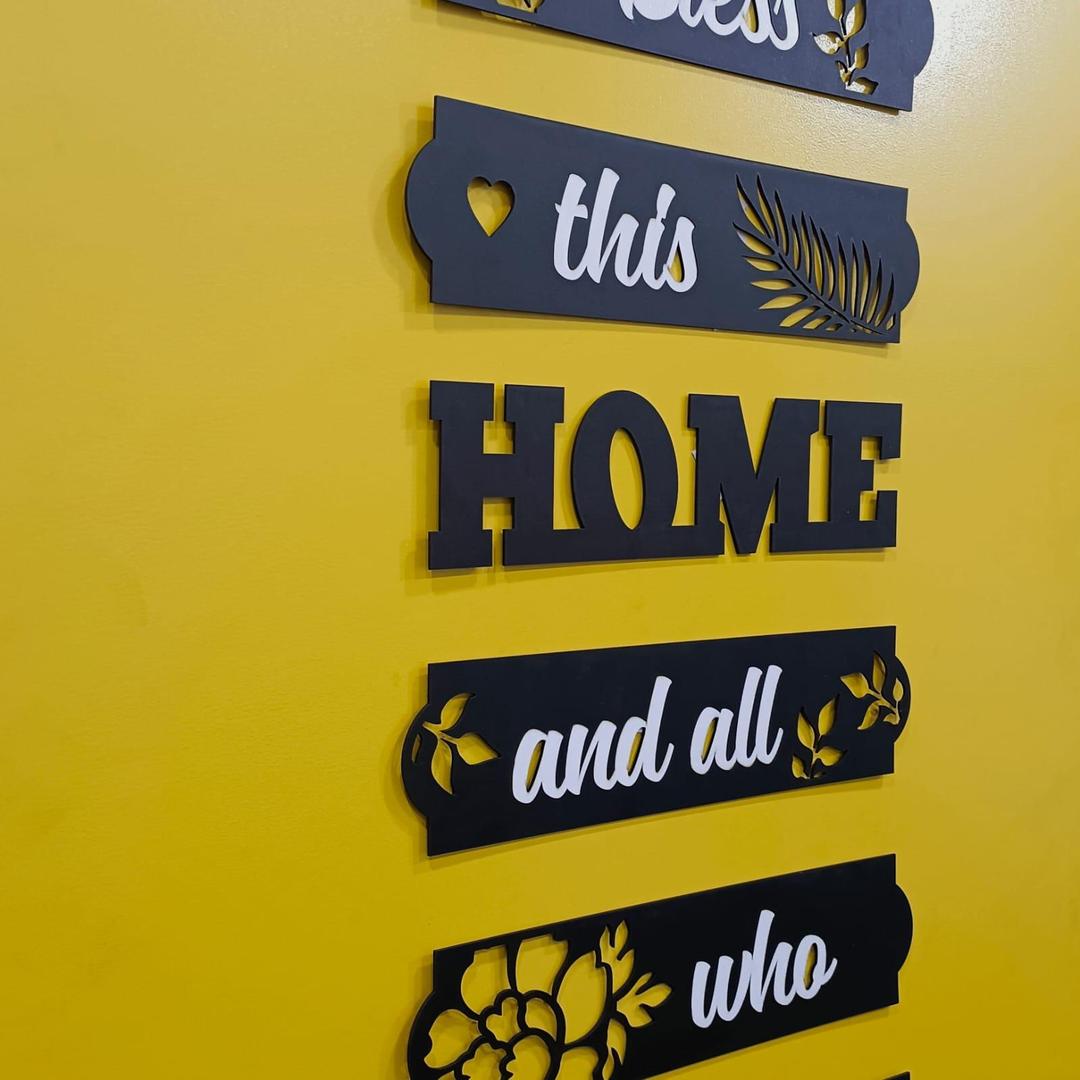Bless This Home wall sign close up on yellow wall
