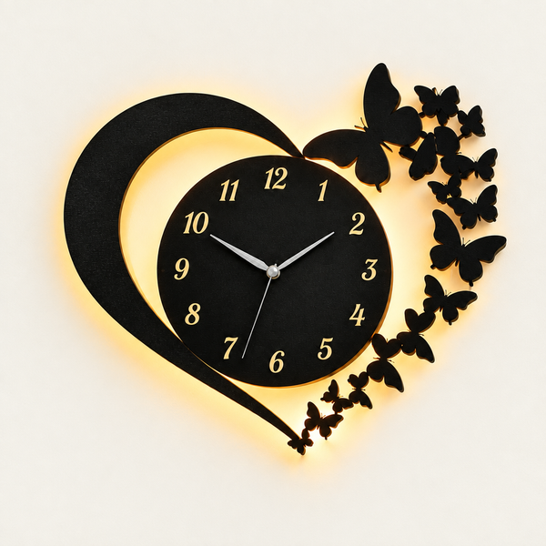 Heart & Butterfly Wall Clock – Black Wooden Analogue Clock