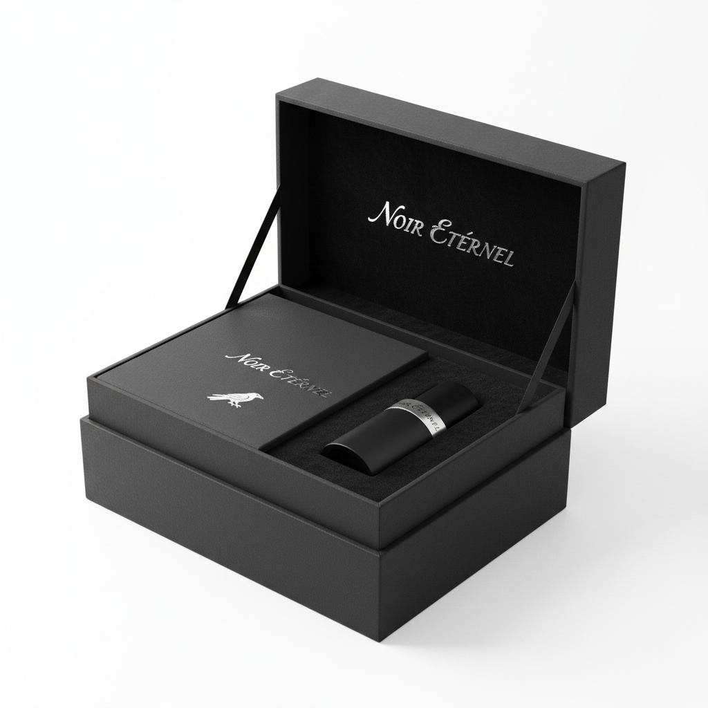 Black perfume box open closed luxury matte packaging